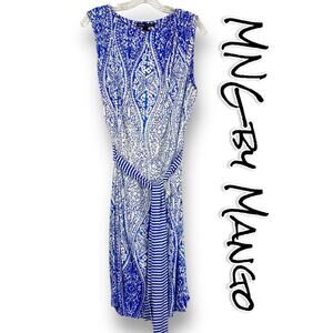 MNG by Mango Paisley Sheath Dress Blue White Knee Length With Sash Womens Size M